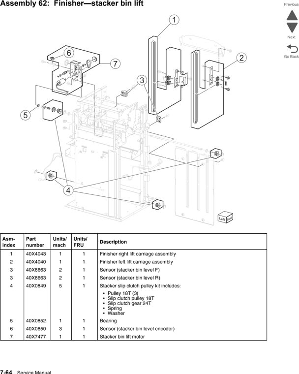 Assembly 62: Finisher—stacker bin lift parts diagram - Lexmark C950 Parts