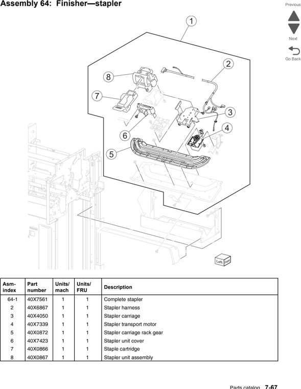 Assembly 64: Finisher—stapler parts diagram - Lexmark C950 Parts