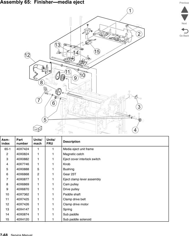 Assembly 65: Finisher—media eject parts diagram - Lexmark C950 Parts