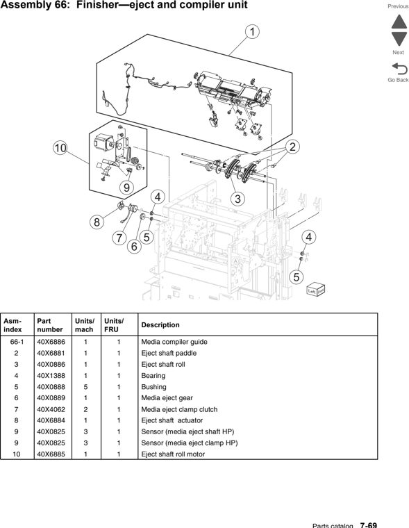 Assembly 66: Finisher—eject and compiler unit parts diagram - Lexmark C950 Parts