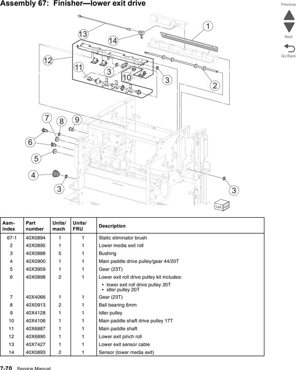 Assembly 67: Finisher—lower exit drive parts diagram - Lexmark C950 Parts
