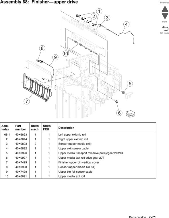 Assembly 68: Finisher—upper drive parts diagram - Lexmark C950 Parts