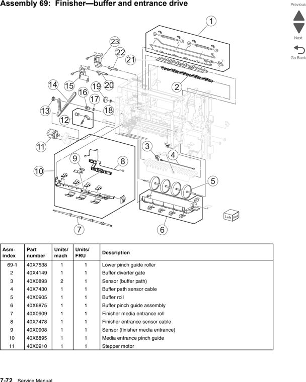 Assembly 69: Finisher—buffer and entrance drive parts diagram - Lexmark C950 Parts