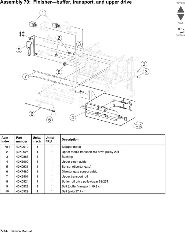 Assembly 70: Finisher—buffer, transport, and upper drive parts diagram - Lexmark C950 Parts