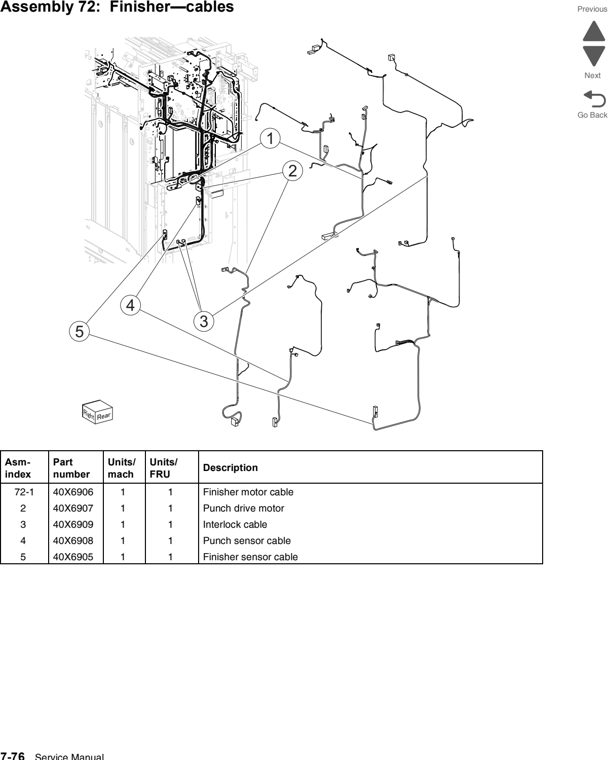 Assembly 72: Finisher—cables parts diagram - Lexmark C950 Parts