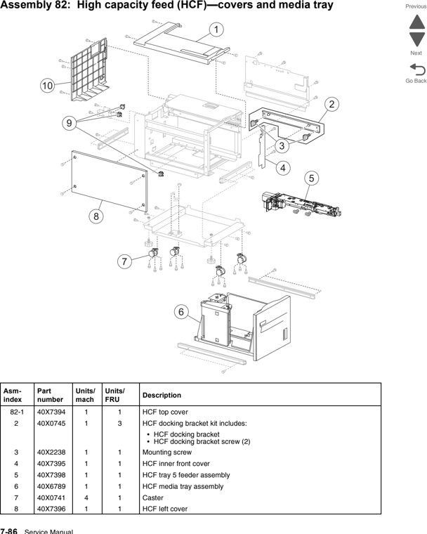 Assembly 82: High capacity feed (HCF)—covers and media tray parts diagram - Lexmark C950 Parts