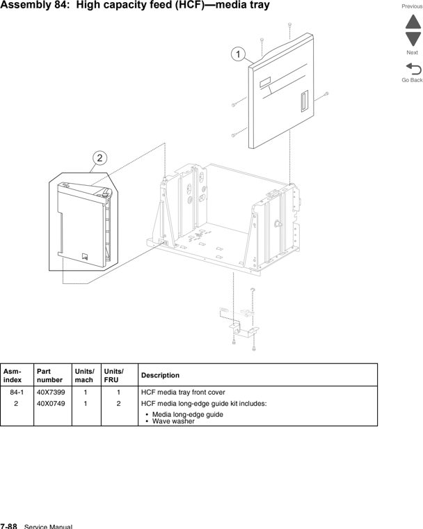 Assembly 84: High capacity feed (HCF)—media tray parts diagram - Lexmark C950 Parts