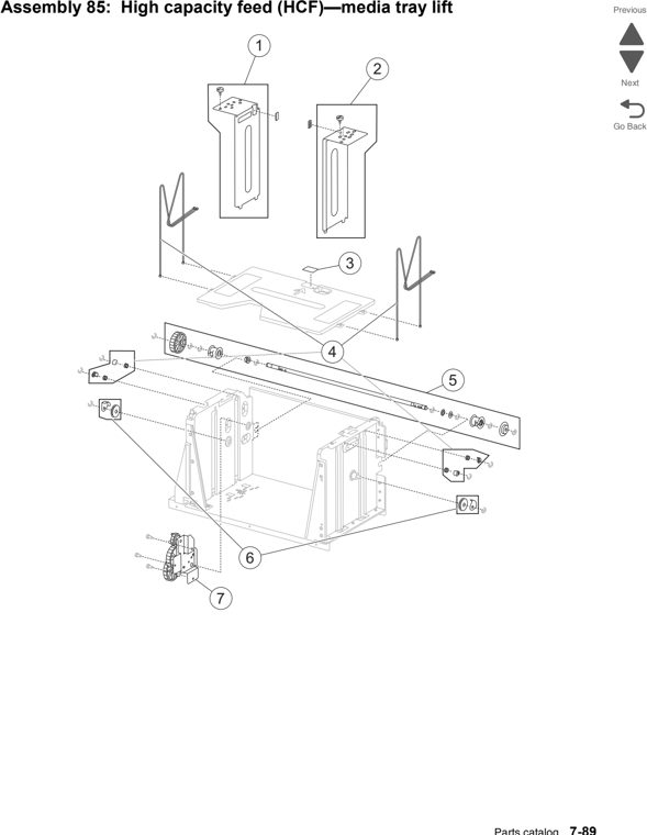 Assembly 85: High capacity feed (HCF)—media tray lift parts diagram - Lexmark C950 Parts