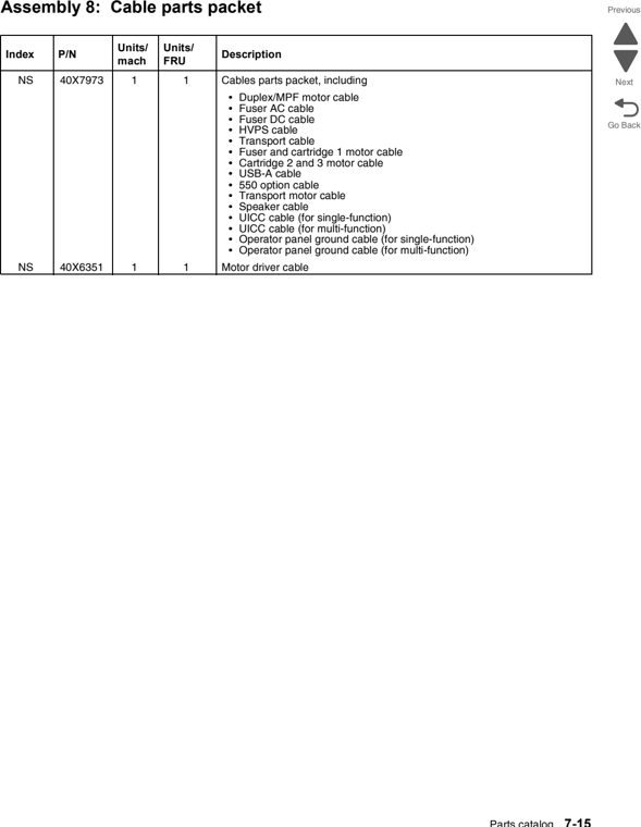Assembly 8: Cable parts packet parts diagram - Lexmark C746 & C748 Parts