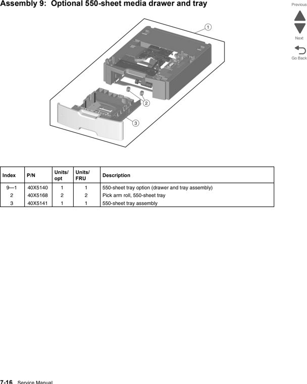 Assembly 9: Optional 550-sheet media drawer and tray parts diagram - Lexmark C746 & C748 Parts