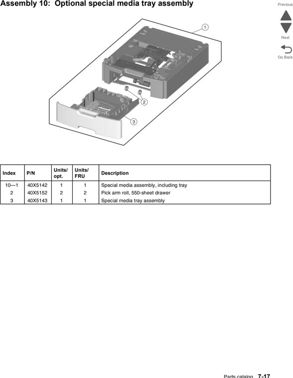 Assembly 10: Optional special media tray assembly parts diagram - Lexmark C746 & C748 Parts