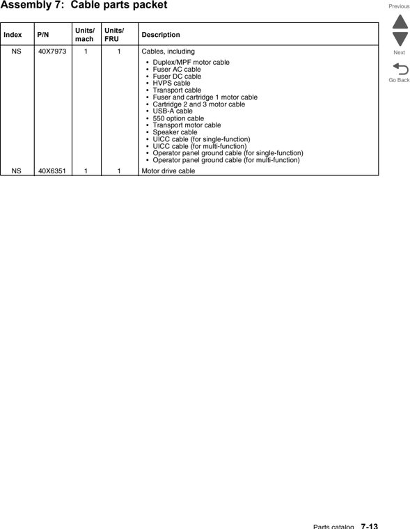 Assembly 7: Cable parts packet parts diagram - Lexmark X746 & X748 Parts