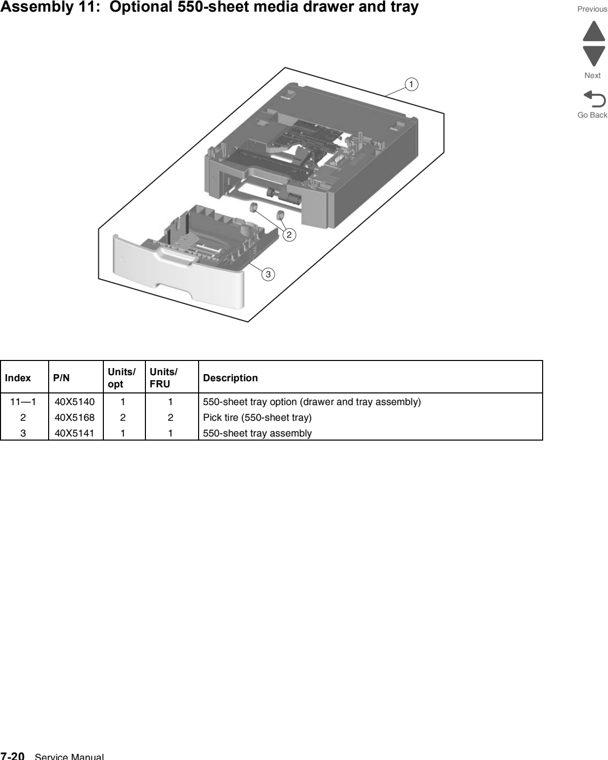 Assembly 11: Optional 550-sheet media drawer and tray parts diagram - Lexmark X746 & X748 Parts