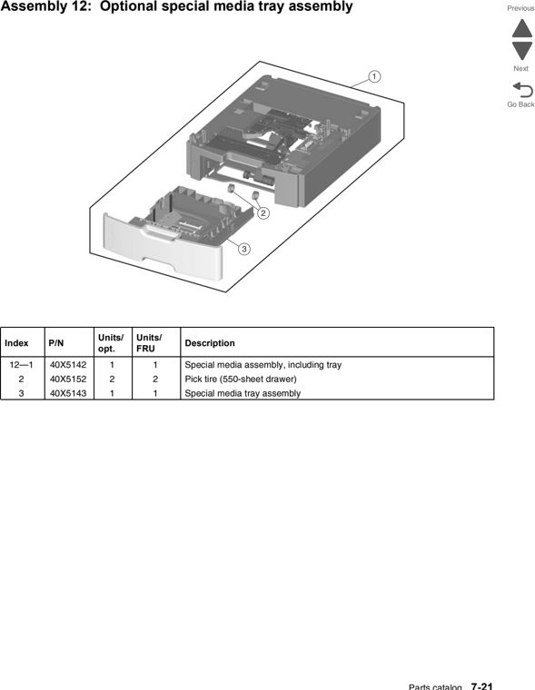 Assembly 12: Optional special media tray assembly parts diagram - Lexmark X746 & X748 Parts