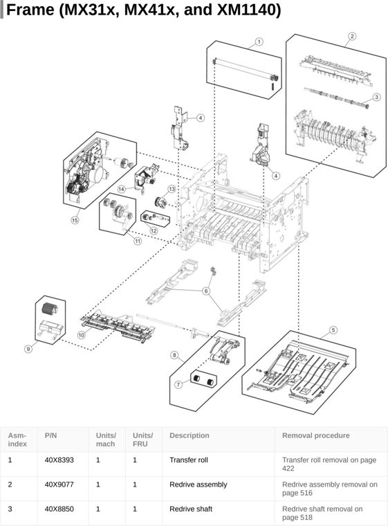 Assembly 7: Frame (MX31x, MX41x, and XM1140) parts diagram - Lexmark MX310 MX317 MX410 MX417 MX510 MX511 MX517 XM1145 XM3150 MFP Parts