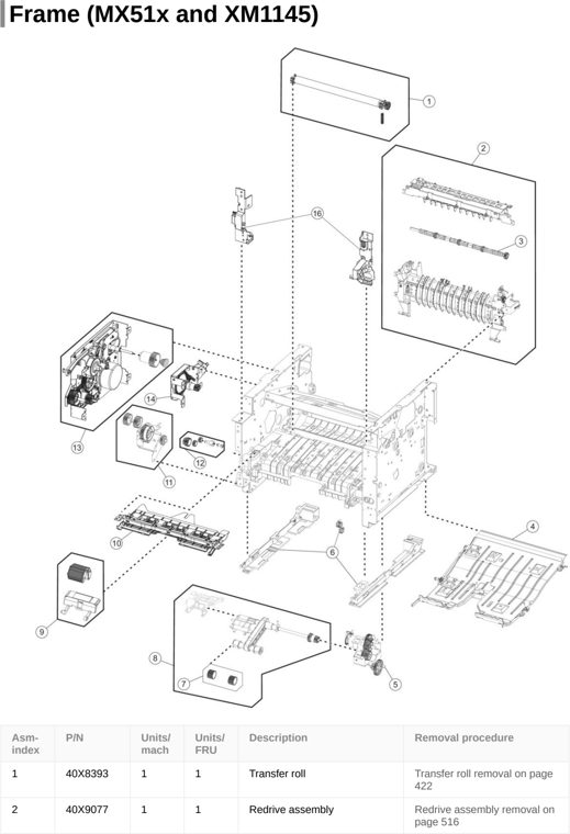 Assembly 8: Frame (MX51x and XM1145) parts diagram - Lexmark MX310 MX317 MX410 MX417 MX510 MX511 MX517 XM1145 XM3150 MFP Parts