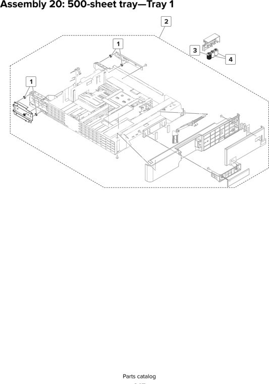 Assembly 20: 500-sheet tray—Tray 1 parts diagram - Lexmark MX910 MX911 MX912 MFP Series Parts
