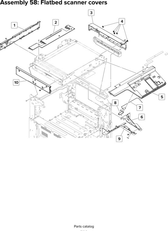 Assembly 58: Flatbed scanner covers parts diagram - Lexmark MX910 MX911 MX912 MFP Series Parts