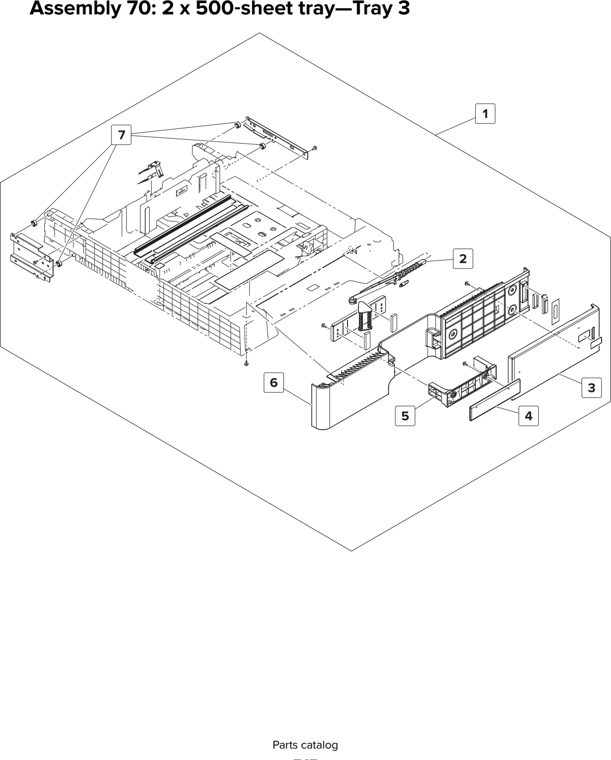 Assembly 70: 2 x 500 sheet tray—Tray 3 parts diagram - Lexmark MX910 MX911 MX912 MFP Series Parts