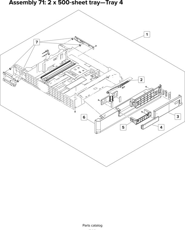 Assembly 71: 2 x 500 sheet tray—Tray 4 parts diagram - Lexmark MX910 MX911 MX912 MFP Series Parts