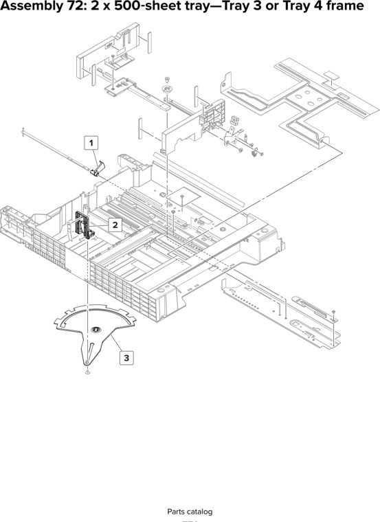 Assembly 72: 2 x 500 sheet tray—Tray 3 or Tray 4 frame parts diagram - Lexmark MX910 MX911 MX912 MFP Series Parts