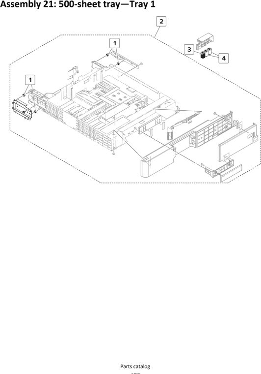Assembly 21: 500-sheet tray—Tray 1 parts diagram - Lexmark MS911 Parts