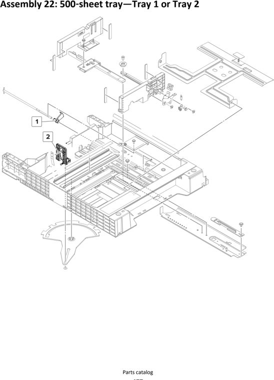 Assembly 22: 500 sheet tray—Tray 1 or Tray 2 parts diagram - Lexmark MS911 Parts