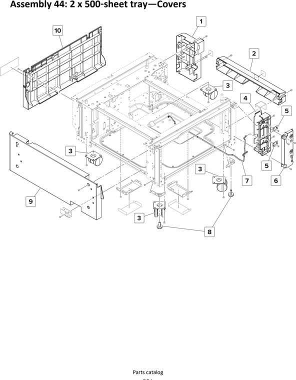 Assembly 44: 2 x 500 sheet tray—Covers parts diagram - Lexmark MS911 Parts
