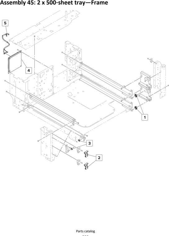 Assembly 45: 2 x 500 sheet tray—Frame parts diagram - Lexmark MS911 Parts