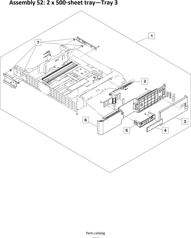 Assembly 52: 2 x 500 sheet tray—Tray 3 parts diagram - Lexmark MS911 Parts