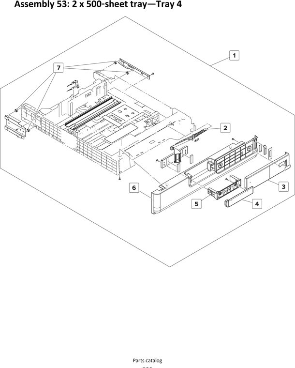Assembly 53: 2 x 500 sheet tray—Tray 4 parts diagram - Lexmark MS911 Parts