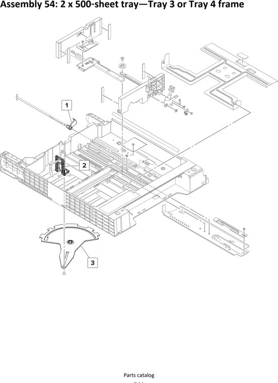 Assembly 54: 2 x 500 sheet tray—Tray 3 or Tray 4 frame parts diagram - Lexmark MS911 Parts