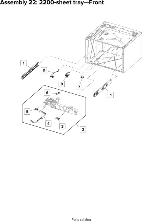 Assembly 22: 2200 sheet tray—Front parts diagram - Lexmark CS820 C6160 Family Parts
