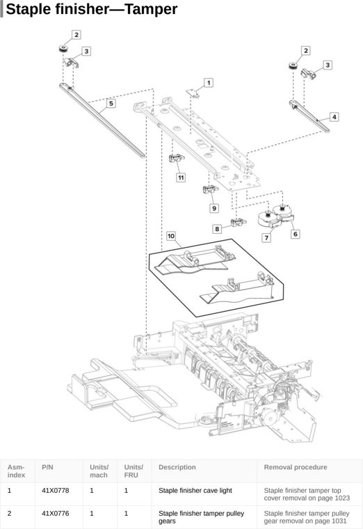 Assembly 38: Staple finisher—Tamper parts diagram - Lexmark CX820de CX820dtfe XC6152 XC6153 Parts