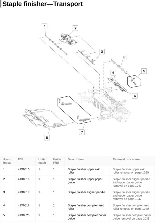Assembly 39: Staple finisher—Transport parts diagram - Lexmark CX820de CX820dtfe XC6152 XC6153 Parts