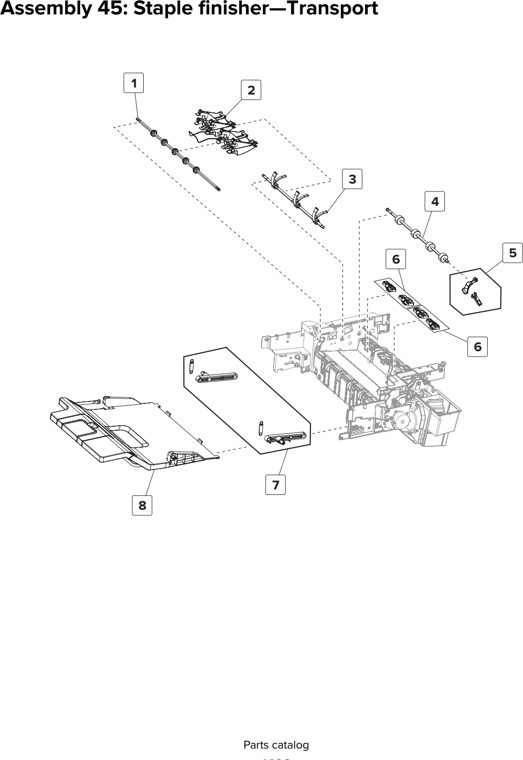Assembly 45: Staple finisher—Transport parts diagram - Lexmark CX825 CX860 XC8155 XC8160 XC8163 Parts