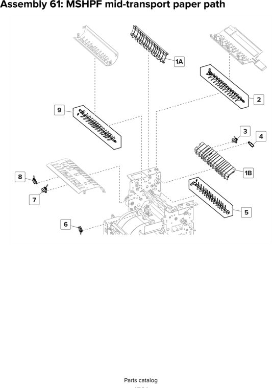 Assembly 61: MSHPF mid-transport paper path parts diagram - Lexmark CX825 CX860 XC8155 XC8160 XC8163 Parts