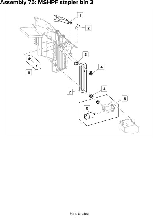 Assembly 75: MSHPF stapler bin 3 parts diagram - Lexmark CX825 CX860 XC8155 XC8160 XC8163 Parts