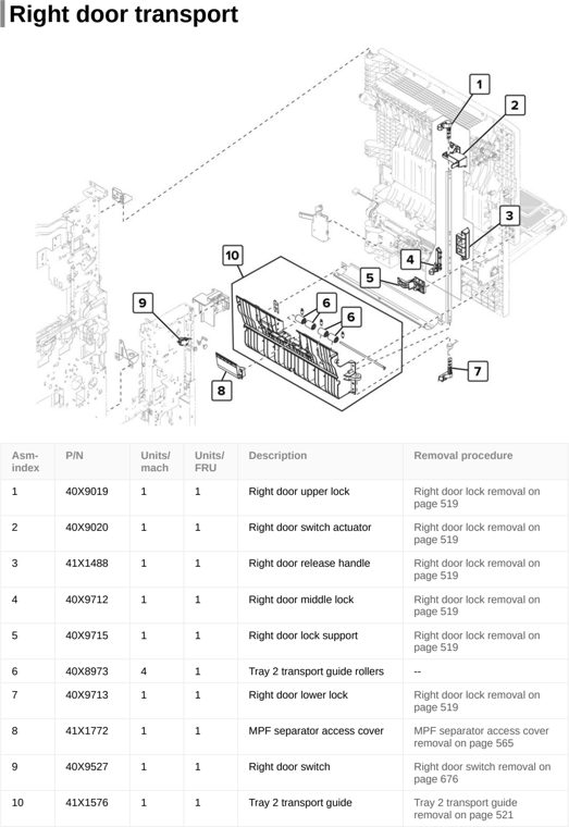 Assembly 18: Right door transport parts diagram - Lexmark CS921 C9235 CS927 Parts