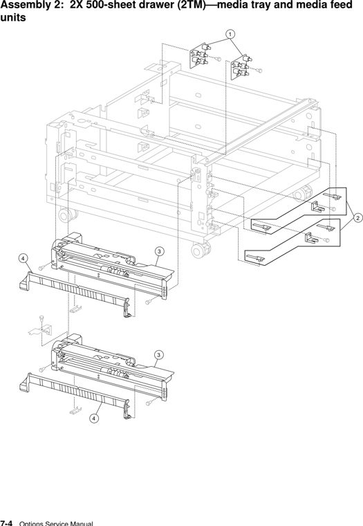 Assembly 2: 2X 500-sheet drawer (2TM)–media tray and media feed units parts diagram - Lexmark W840 Options Parts