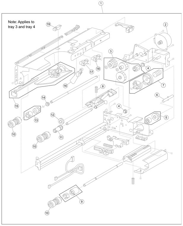 Assembly 4: 2X 500-sheet drawer (2TM)–media feed unit parts diagram - Lexmark W840 Options Parts