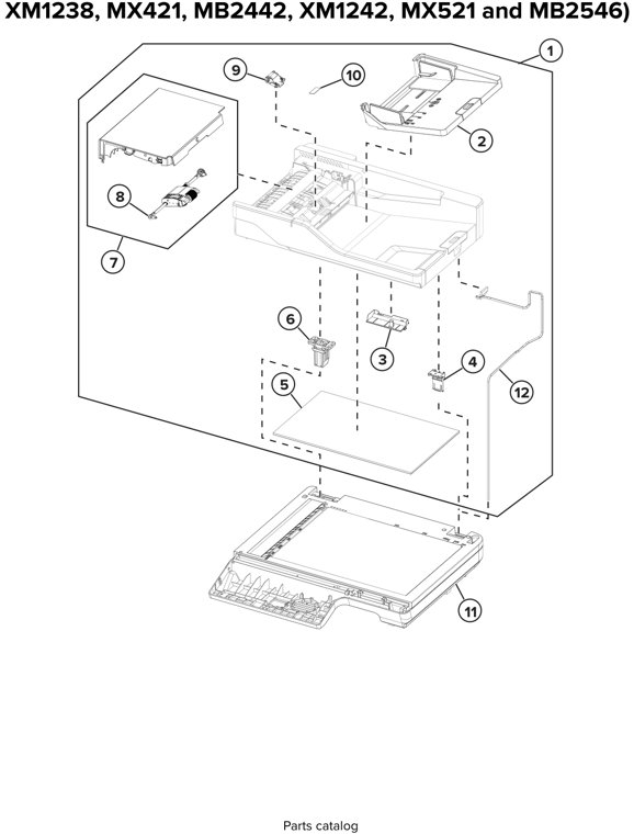 Assembly 12: ADF and Scanner 1 (MX321, MB2338, parts diagram - Lexmark MX321 MX421 MX521 MX522 XM1242 XM1246 MB2338 MB2442 MB2546 Parts