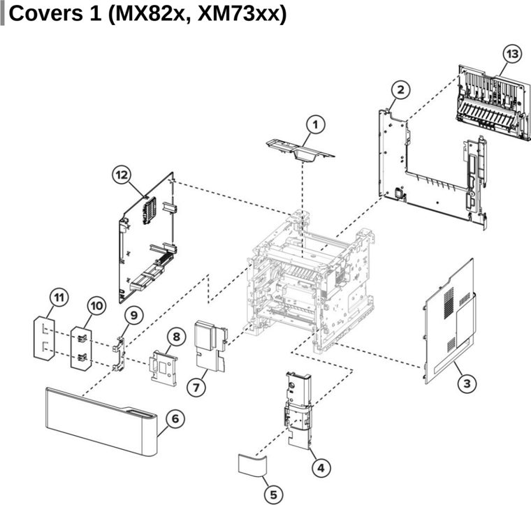 Assembly 3: Covers 1 (MX82x, XM73xx) parts diagram - Lexmark Parts For MX721 MX722 MX822 MX826 MB2770 XM5163 XM5263 XM7355 XM7350