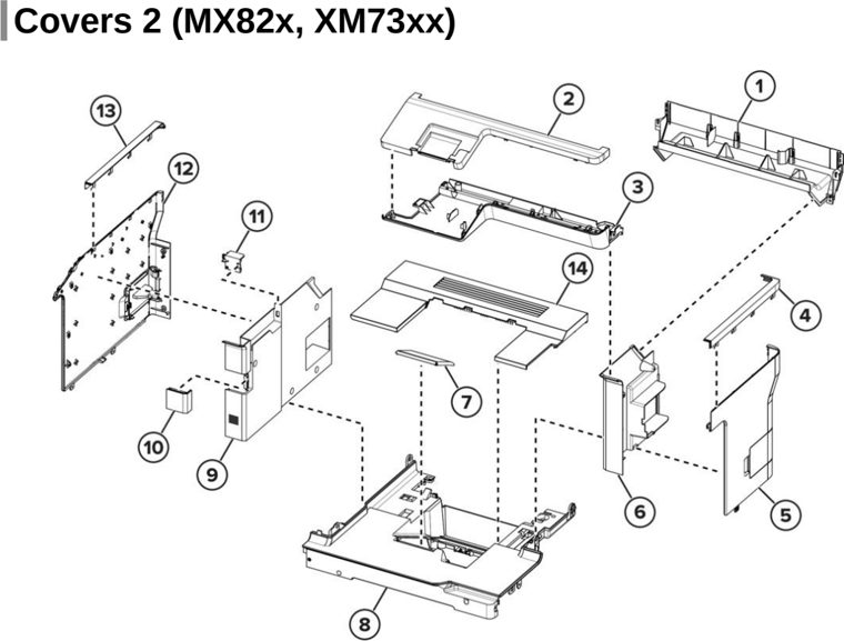 Assembly 4: Covers 2 (MX82x, XM73xx) parts diagram - Lexmark Parts For MX721 MX722 MX822 MX826 MB2770 XM5163 XM5263 XM7355 XM7350