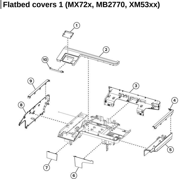 Assembly 5: Flatbed covers 1 (MX72x, MB2770, XM53xx) parts diagram - Lexmark Parts For MX721 MX722 MX822 MX826 MB2770 XM5163 XM5263 XM7355 XM7350
