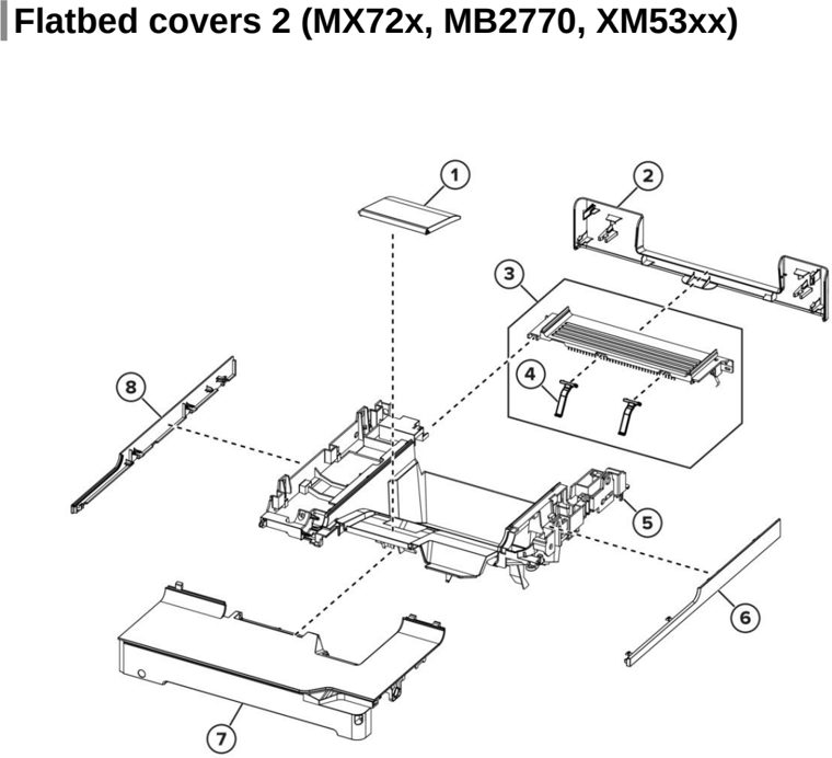 Assembly 6: Flatbed covers 2 (MX72x, MB2770, XM53xx) parts diagram - Lexmark Parts For MX721 MX722 MX822 MX826 MB2770 XM5163 XM5263 XM7355 XM7350