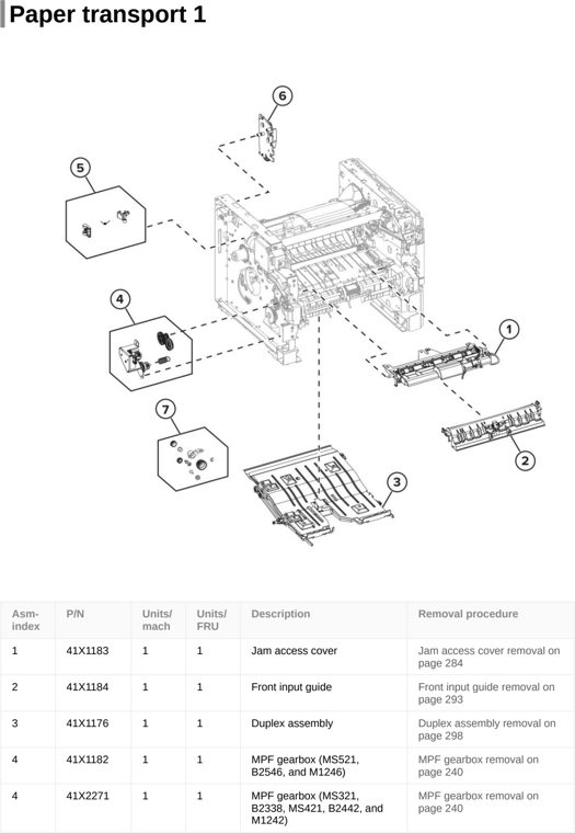 Assembly 7: Paper transport 1 parts diagram - Lexmark MS321 MS421 MS521 M124x B2338 B2442 B2546 Parts