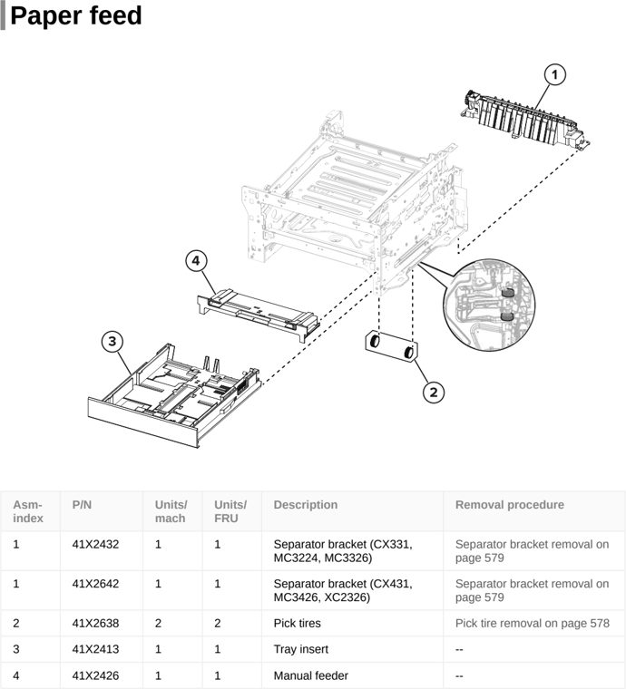 Assembly 4: Paper feed parts diagram - Lexmark CX331 CX431 XC2326 XC3426 MC3224 MC3326 MC3426 Parts