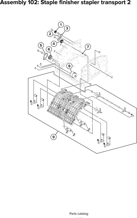 Assembly 102: Staple finisher stapler transport 2 parts diagram - Lexmark CX930 CX931 Parts