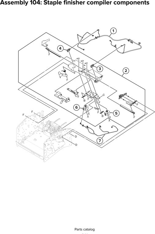 Assembly 104: Staple finisher compiler components parts diagram - Lexmark CX930 CX931 Parts